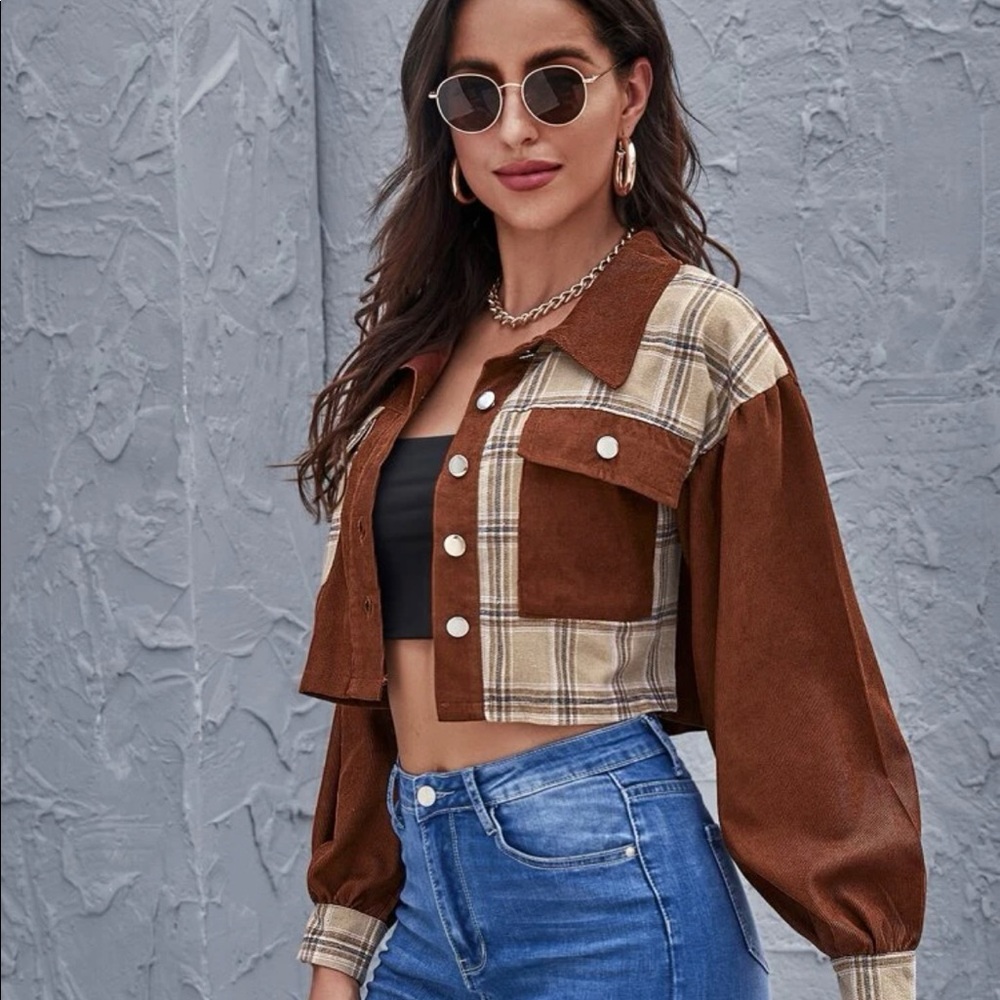 Contrast Plaid Crop Corduroy Jacket